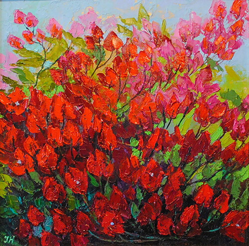 Bougainvillea. Original framed oil on cardboard 14"x14" impressionistic painting
