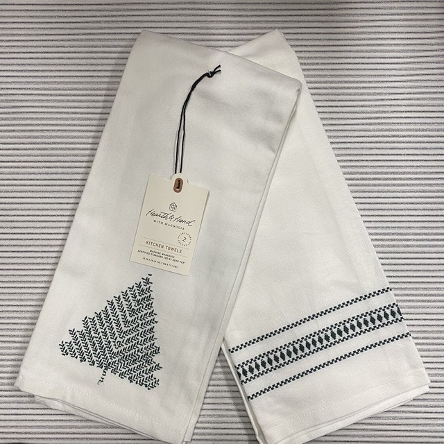 Hearth and Hand Magnolia XMAS TREE Kitchen Towel Set Sour Cream+Black Embroidery eBay