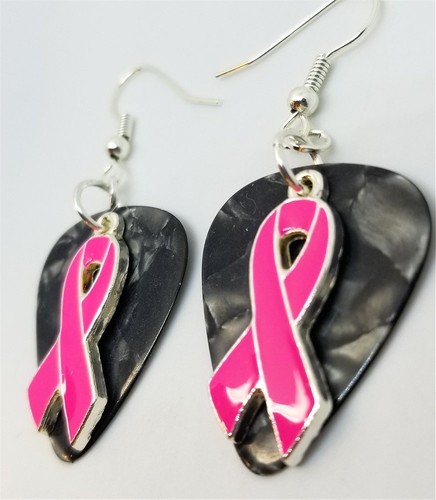 Hot Pink Ribbon Charm Guitar Pick Earrings with Surgical Steel Earwires - Picture 5 of 11
