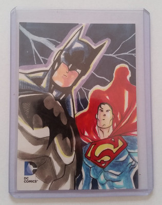 BATMAN/SUPERMAN By Elton THOMASI-Original hand-drawn Card-DC COMICS Epic Battles