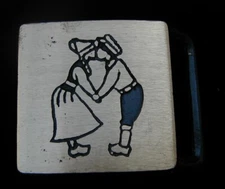 RARE VALLEAU STUDIOS DUTCH KIDS KISSING BELT BUCKLE VTG. 1970'S SOLID BRASS
