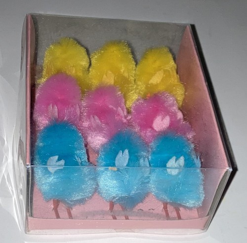 Set of 9 Mini 1 .77" Novelty Yellow/Pink/Blue Chenille All Occasion Baby Chicks - Picture 4 of 6