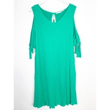 Soft Surroundings Dress Womens Large Green Cold Shoulder Tie Tassel Gauzy Beachy