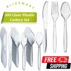 300 Set Heavy Duty Clear Disposable Plastic Cutlery Spoons Forks Knives Reusable