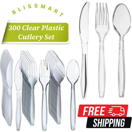 Plastic Forks 300 Count Heavyweight Clear Plastic Cutlery Set - BPA-Free Disposable Disposable Plates