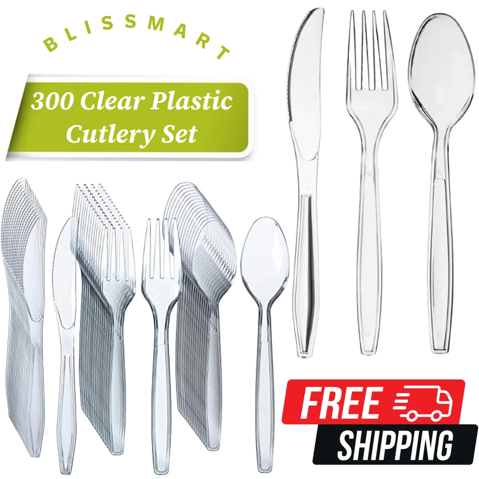 BLISSMART 300 Set Heavy Duty Clear Disposable Plastic Cutlery Spoons Forks Knives Reusable