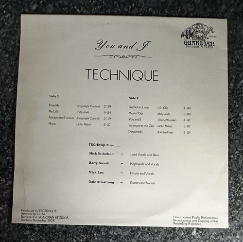 VERY RARE VINYL LP TECHNIQUE YOU AND 1 GUARDIAN RECORDS N TAPES GRT A11 1978 VG+ - Picture 4 of 10