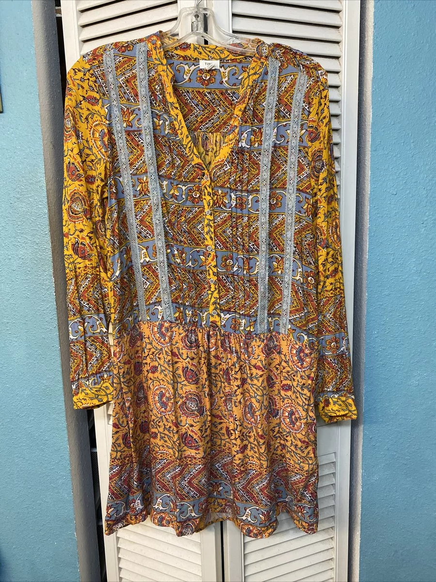 Anthropologie LP Tiny Mustard Yellow Floral Long Sleeve Dress Size M Rayon