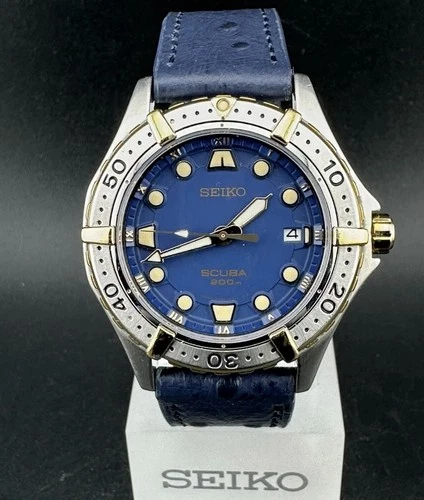 Vintage Seiko Blue Dial Stainless Steel Quartz Diver 200m Leather Strap Watch