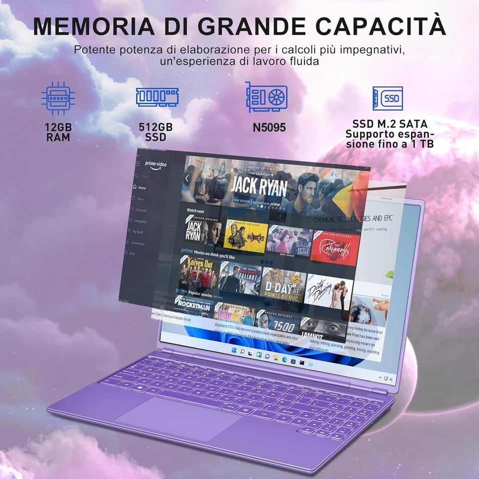 PC Portatile 16 Pollici Computer Portatile Win11 12+512GB SSD Espansione 1TB N50 - Immagine 3 di 4