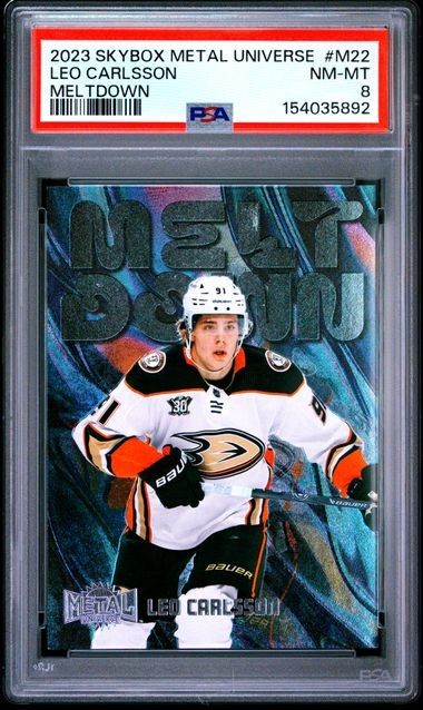 Leo Carlsson #M22 Hockey Cards 2023 SkyBox Metal Universe Meltdown trading card — raw and PSA graded price guide