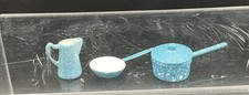 MINI DOLLHOUSE CAST IRON BLUE SPECKLED POTS AND PAN WITH PITCHER