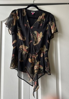 Vince Camuto Black Multicolor Peplum Top Size Small Gossamer Top W/Solid Lining