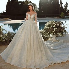 Sparkling Beaded Wedding Dresses Sweetheart Long Sleeves Gowns A-line Princess