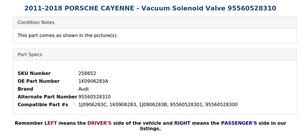 2011-2018 PPORSCHE CAYENNE — электромагнитный клапан вакуума 95560528310 - Изображение 3 из 3