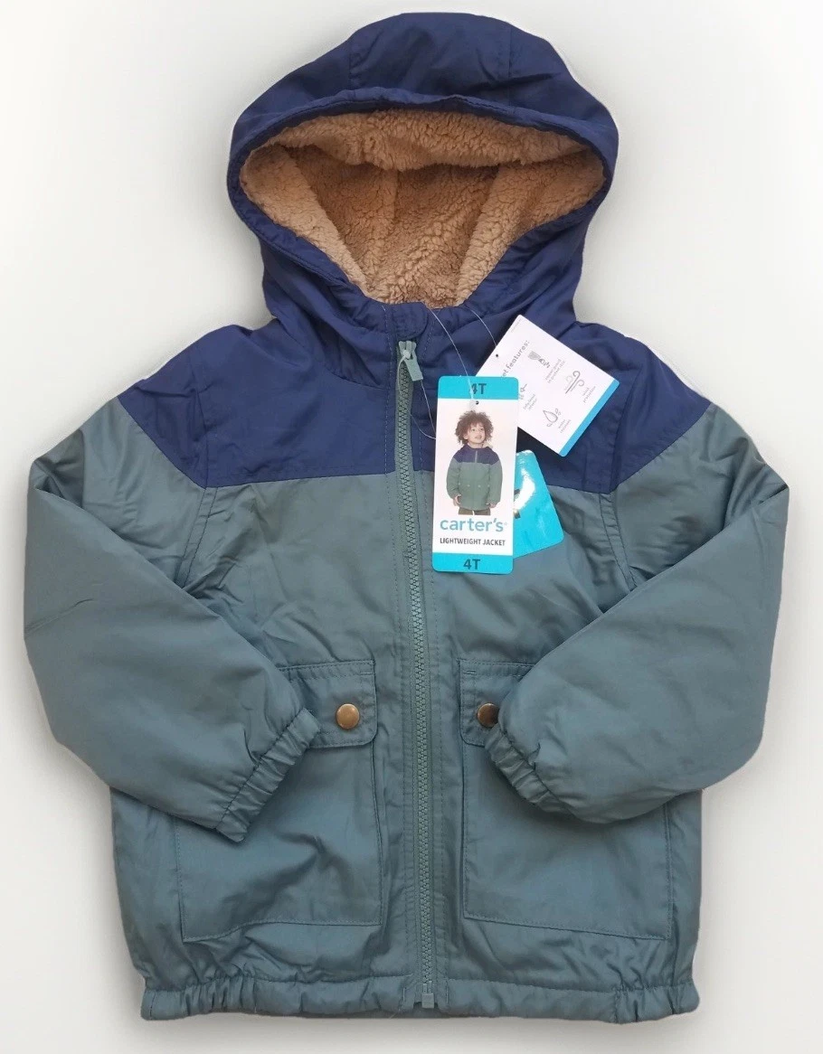 carters boys plush hooded jacket rain water resistant fleece lined blue green 4T