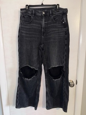 American Eagle Super High-Rise Baggy Wide Leg Jeans Women 12 Short Stretch Black