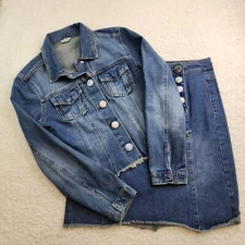 Cato 2pc Denim Outfit Jean Jacket Skirt Medium Pockets Fringe Artsy Snap Buttons