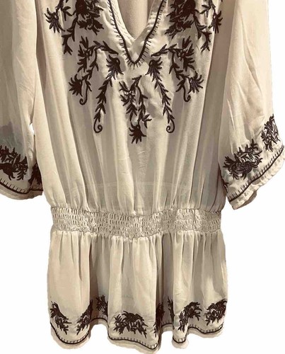 TWENTY ONE Peasant Blouse W/Gathered Waist Cream Semi Sheer Embroidered Size S - Picture 4 of 6
