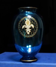 Old Baccarat 1878 Blue Glass Vase Gold Enamel Lily Pattern Rare