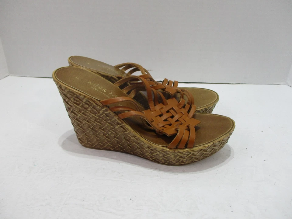 Zapatos de tacón Miss Me para mujer 7 cuñas marrones alpargata punta abierta sin cordones de cuero Foto 4 de 4