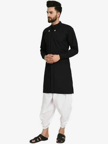 Men Kurta Pajama Indian Cotton Traditional Wear Long Sleeve Black Solid  Dress | eBay