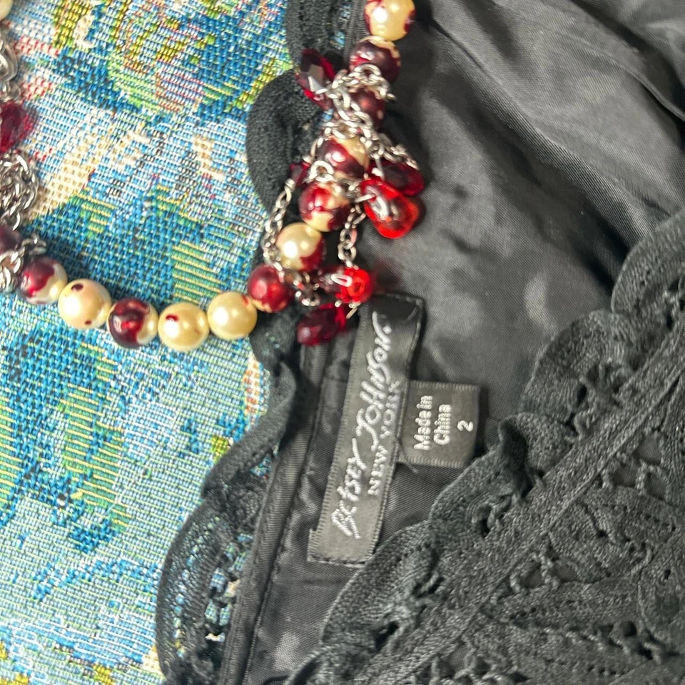 Betsey Johnson New York Vintage 90s Black Lace Handkerchief Midi Slip Dress S 2 - Image 3 of 4