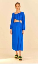 Farm Rio Blue Satin Long Sleeve Cut Out Knot Royal Blue Midi Dress Sz Small NWT