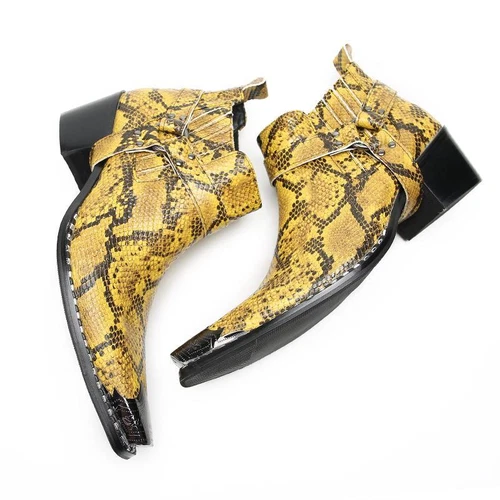 Men High Heel Rivets Snakeskin Pattern Serpentine Leather Metal Toe Ankle Boots - Picture 15 of 22