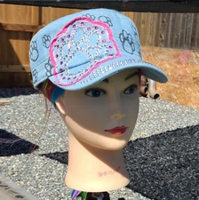 Ladies Light Blue & Pink Denim Jean Paw Print Cadet Style BLING Ball Cap Hat NEW
