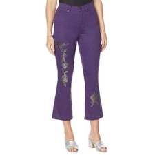 DG2 Diane Gilman Floral Sequin Cropped Boot-Cut Jean Pants in Camel / Purple