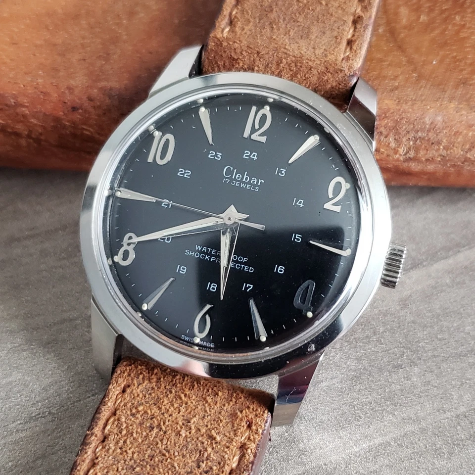 1960 Vintage Clebar Mostrador 24H Relógio Estilo Militar Todo Caixa de Aço Vento Manual - Imagem 2 de 4