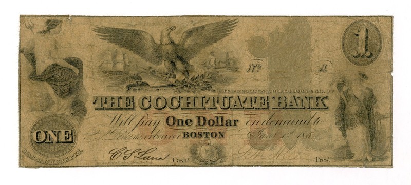 1852 $1 The Cochituate Bank - Boston, MASSACHUSETTS Note