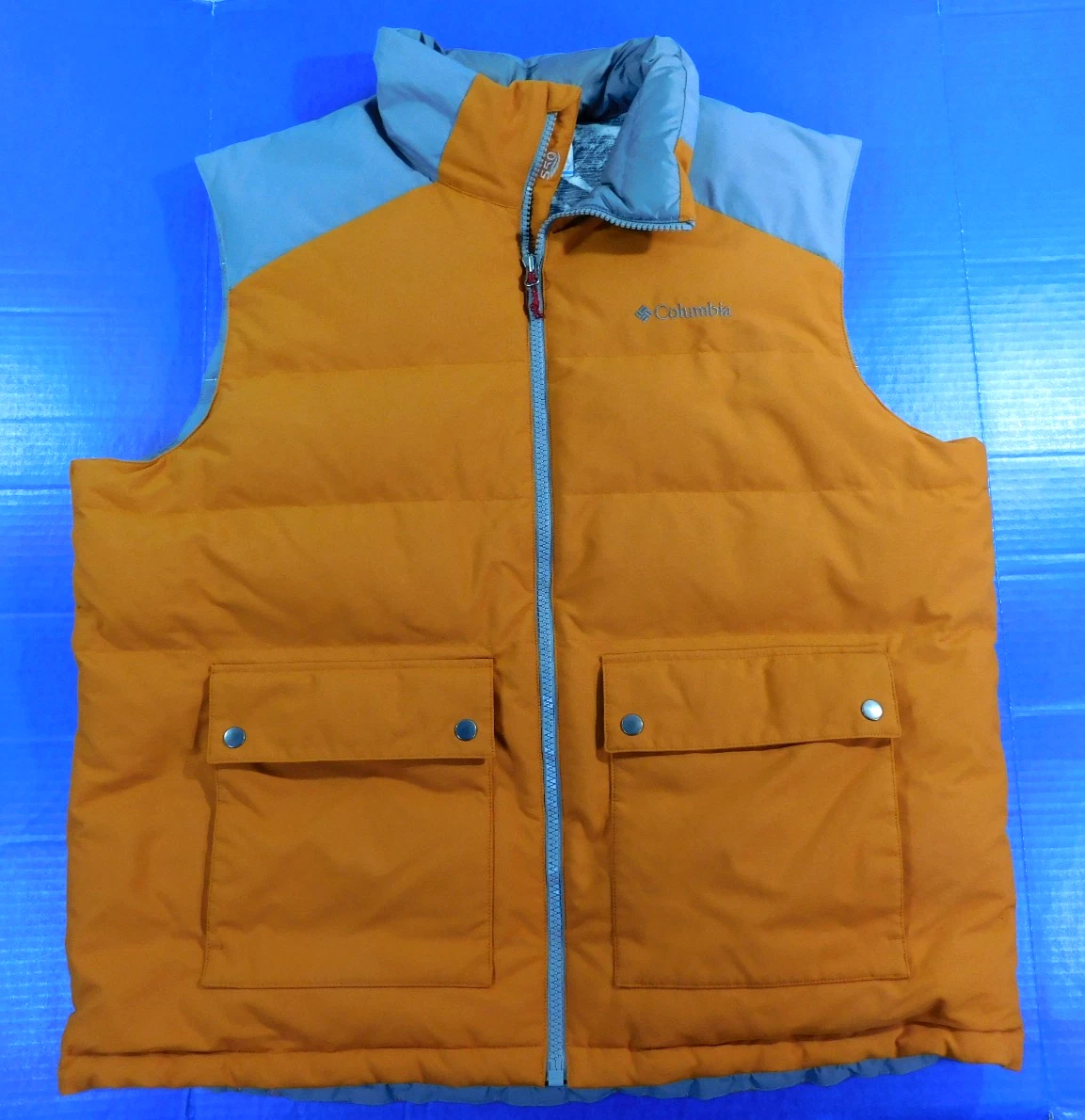 Columbia Duck Down Vest Men's XL Orange Gray Nylon Full Zip 550 Fill Winter