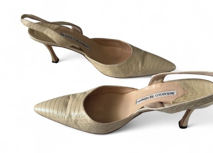 Manolo Blahnik Carolyne Serpiente 256 Tacones Cordones 40 Crema Serpiente Brillo RARO Foto 4 de 4