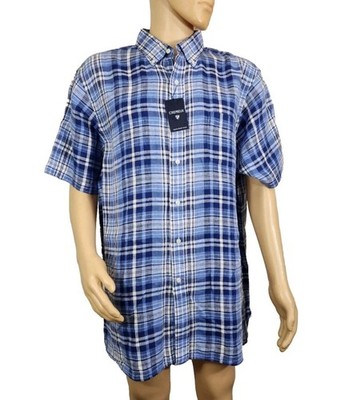 Cremieux Classics Men's Shirt Size L Blue Plaid Short-Sleeve Button Up Linen. 55