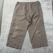 J. Jill Womens 12 Brown 100 Linen Cargo Pants Cropped Wide Leg Drawstring Taupe
