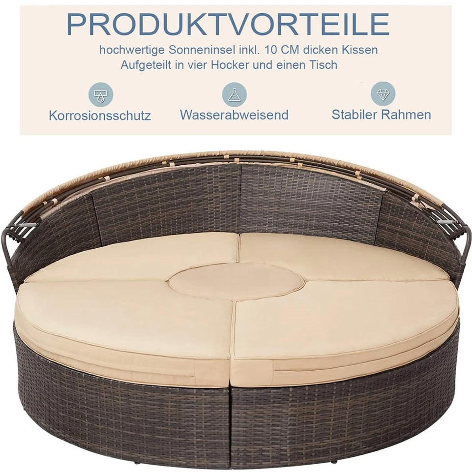 Sonnenliege Polyrattan Sonneninsel Rattan Lounge 180CM Tisch Gartenmuschel - Bild 2 von 4