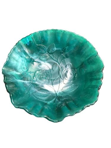 Vtg Slag GREENISH IMPERIAL MILK GLASS ROSES & LEAVES PATTERN WITH RUFFLED EDGES