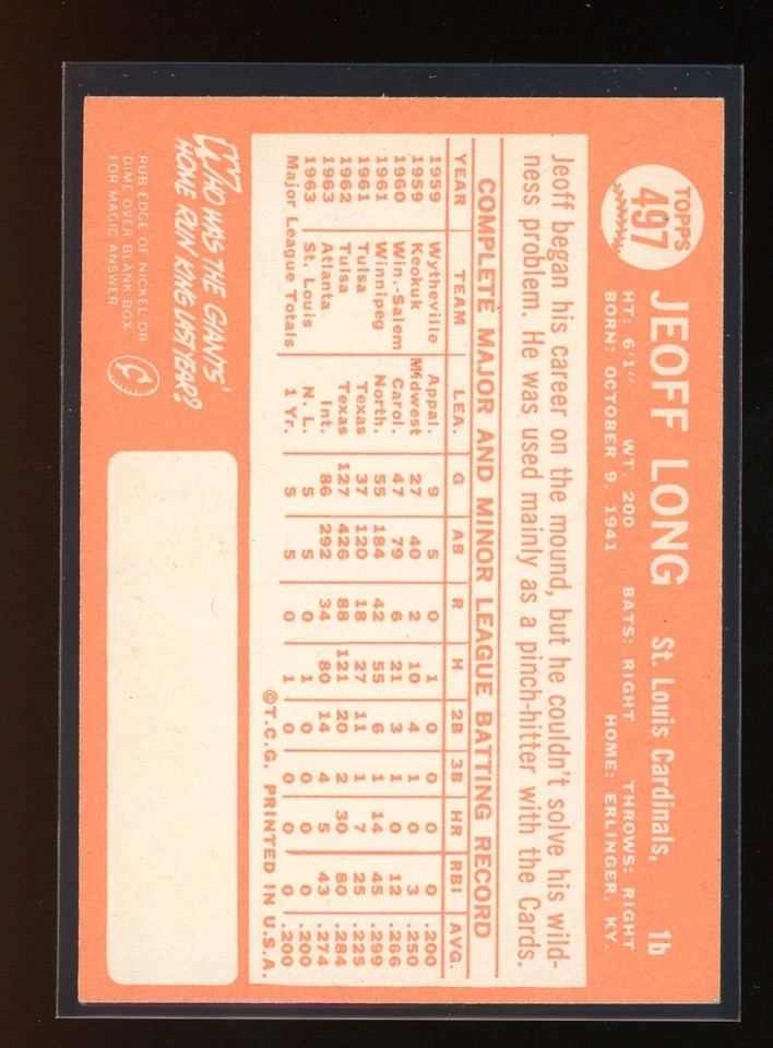 1964 Topps #497 Jeoff Long ROOKIE Signed Card AUTO CARDINALS - Image 2 of 2