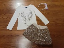 Gap Girls Holiday Reindeer Graphic Tee-Gold Sequin Skirt- Headband Set XS 4 5