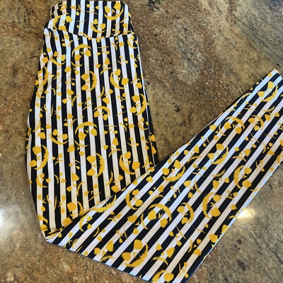 LuLaRoe One Size Leggings Black & White Striped With Jack O'' Lantern Faces