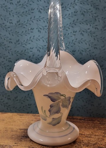 Fenton Art Glass Basket "Morning Mist" Handpainted Ruffled 6.5 Inch Cottage Core