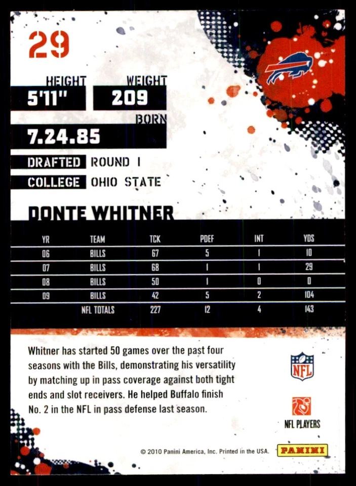 2010 SCORE DONTE WHITNER BUFFALO BILLS #29 - Image 2 of 2