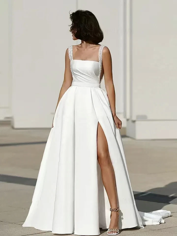 Wedding Dresses Bridal Gowns Sleeveless A Line Beading Sheath Straps Bride Dress - Image 4 of 4