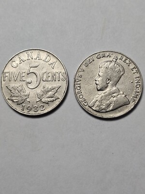 ONE (1) X 1932 CANADA 5 CENTS NICKEL KING GEORGE V F 5 Cents