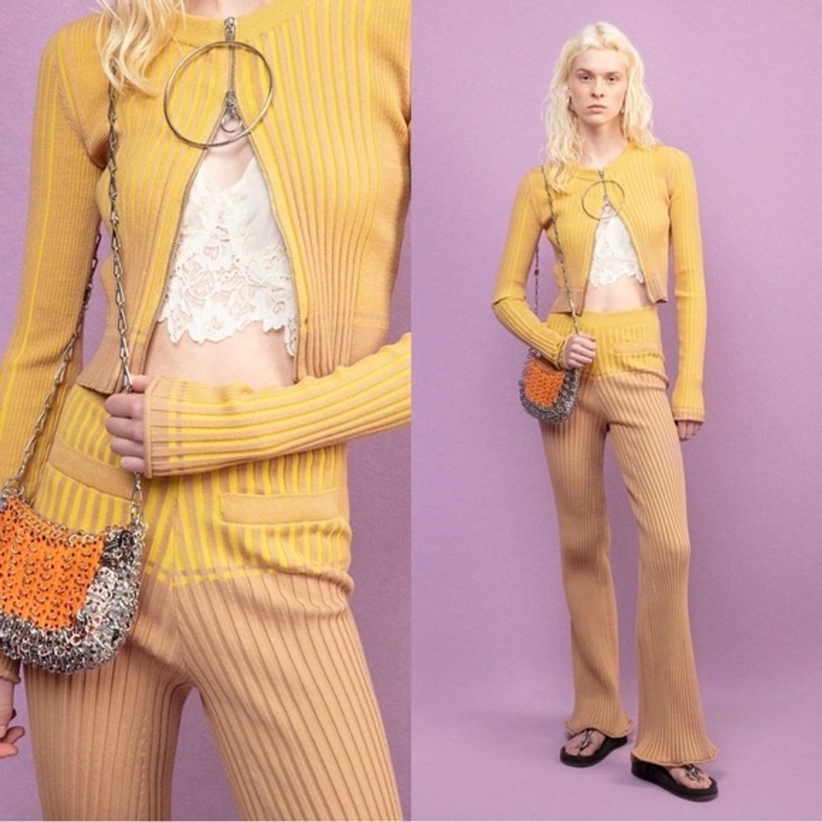 PACO RABANNE $790 Knit Bi-color Tan Yellow Flare Ribbed Knit Pants  