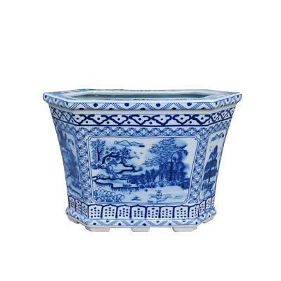 Chinoiserie Blue and White Landscape Porcelain Planter
