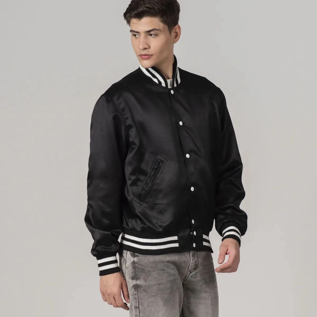 Men's Black Satin Varsity Jacket – Snap Button Closure, Ribbed Cuffs – All Sizes