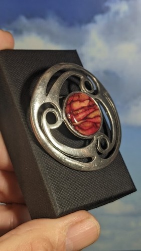 Vintage Celtic Pewter Glass Agate Brooch, in Gift Box. 52mm - Picture 7 of 10
